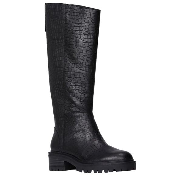 Paige Bella Black Tall/Knee High Boots Sz 9.5 Croc Embossed Leather Lug Sole New - Picture 4 of 14